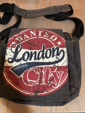 Robin Ruth Black Canvas Crossbody with Red and White London Graphic
